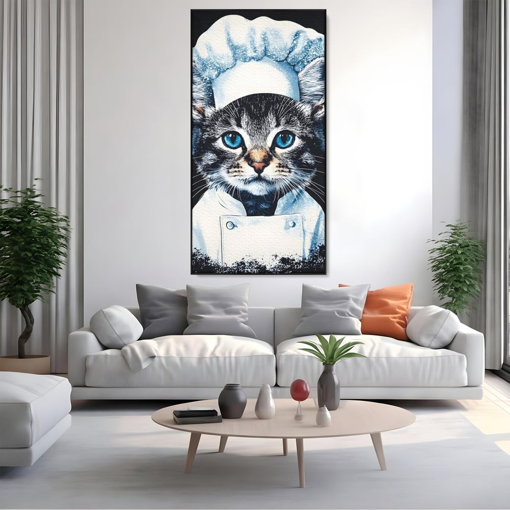 Tablou canvas cu tablou canvas cu pisica bucatar, in rama de aluminiu negru, pe perete intr-un living
